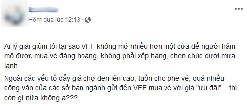 Dân mạng bức xúc với tình trạng “cò vé” trận đấu Việt Nam- Malaysia - 1 Một người dùng Facebook đặt ra câu hỏi về tình trạng “cò vé” trước sân Mỹ Đình