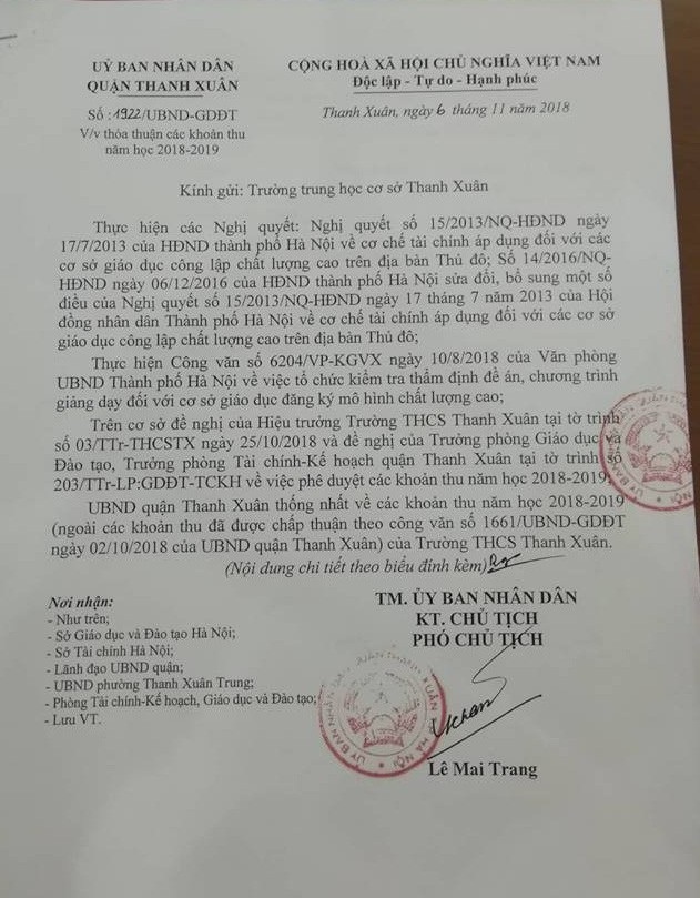 Hà Nội: Trường THCS Thanh Xuân thu “phí khác” cao, phụ huynh phản ứng - 1 UBND quận đã phê duyệt cho Trường THCS Thanh Xuân thu một số khoản phí trong khi chưa được công nhận là chất lượng cao. (Ảnh: Mỹ Hà).