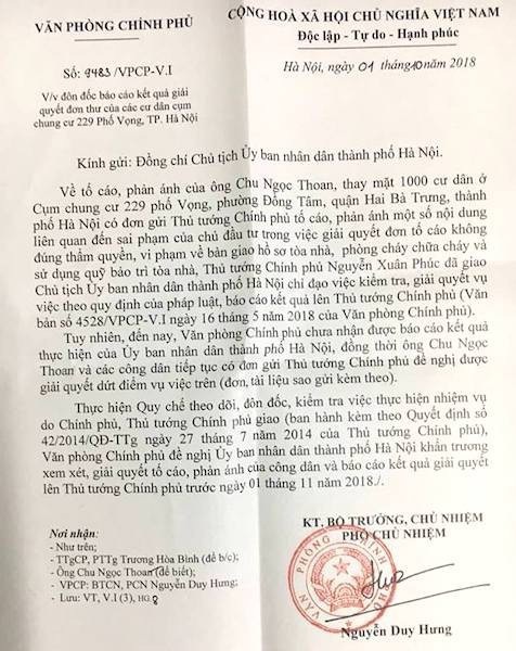 Hà Nội: Cư dân chung cư 229 Phố Vọng kêu cứu, hàng loạt sai phạm vẫn chưa được giải quyết - 3
Thủ tướng yêu cầu TP Hà Nội báo cáo vụ việc cư dân cụm chung cư 229 phố Vọng kêu cứu.