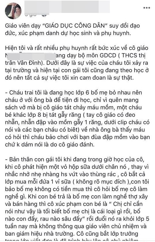 Xác minh thông tin cô giáo bị “tố” đánh, xúc phạm và đuổi học sinh khỏi lớp - 1 Tố cáo của phụ huynh học sinh trên mạng xã hội về vụ việc.