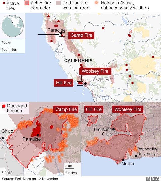 Mỹ thông báo hơn 1.000 người mất tích do cháy rừng dữ dội ở California - 6
Quy mô các vụ cháy rừng tại California (Ảnh: BBC)