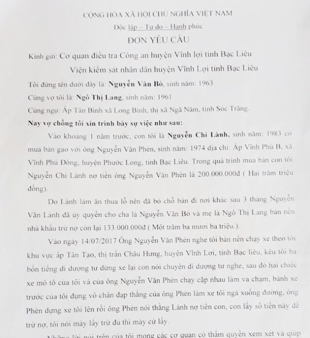 Vụ "đi đòi nợ, bị truy tố cướp tài sản": Hai cấp toà tỉnh Bạc Liêu tuyên án đã khách quan? - 2 Đơn yêu cầu của vợ chồng ông Nguyễn Văn Bò (được cho là bị hại) có nội dung thể hiện ông Bò cho ông Phèn lấy tiền để trừ nợ.