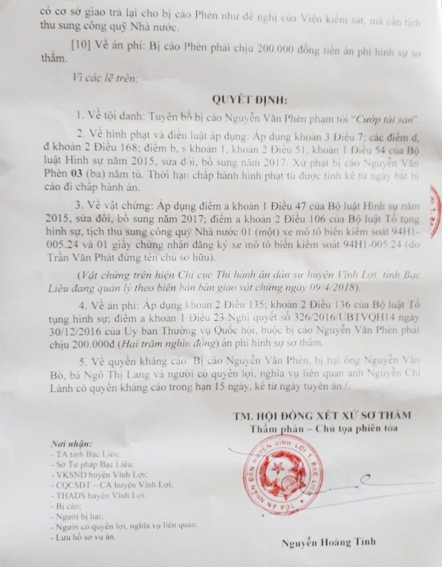 Vụ "đi đòi nợ, bị truy tố cướp tài sản": Hai cấp toà tỉnh Bạc Liêu tuyên án đã khách quan? - 4 Bản án sơ thẩm của TAND huyện Vĩnh Lợi...