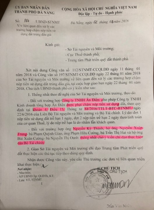 Đà Nẵng: Thêm một số hộ dân kêu oan vì trúng đấu giá nhưng không được giao đất - 3 Quyết định hết sức vô lý của UBND TP Đà Nẵng khi cho phép công ty Ân Điển nộp tiền chậm nộp nhưng bắt các hộ dân phải chờ chỉ đạo của Bộ Tài chính.