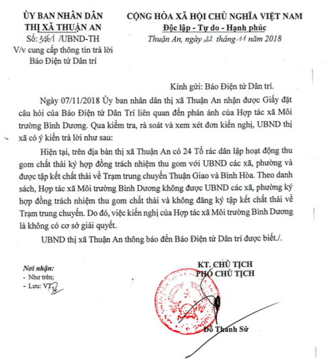 Vụ bị thu phí, “gò” thời gian đổ rác: Miễn thu phí cho 17 tổ rác! - 6 Văn bản trả lời Báo Dân trí, UBND thị xã Thuận An.