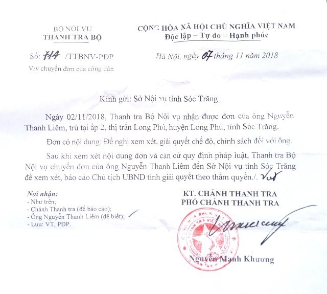 Vụ thương binh mất đất, mất chế độ chính sách ở Sóc Trăng: Lại chờ đợi! - 1 Văn bản của Bộ Nội vụ gửi Sở Nội vụ Sóc Trăng.