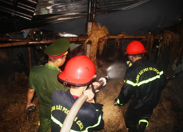 Dù trời mưa nhưng ngọn lửa cháy âm ỉ trong kho chứa rơm khiến việc chữa cháy gặp khó khăn.