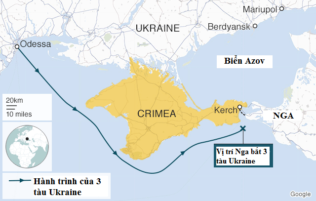 Người Ukraine đào hào “lên dây cót” kịch bản xung đột với Nga - 3
Đồ họa hành trình di chuyển của 3 tàu Ukraine trước khi bị lực lượng an ninh Nga bắt giữ hôm 25/11. Vị trí của thành phố Mariupol nằm ở góc phải bản đồ. (Ảnh: BBC)