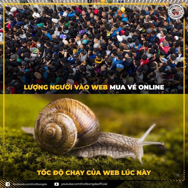 Dân mạng phẫn nộ vì “cò” vẫn có vé dù trang web mua vé của VFF bị “sập” - 2 Một hình ảnh “chế” của dân mạng về tình trạng mua vé trực tuyến trên trang web của VFF (Ảnh: Troll bóng đá)
