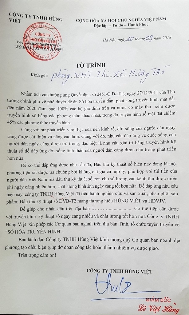 
Tờ trình của công ty này gửi Phòng Văn hóa & Thông tin Thị xã Hương Trà
