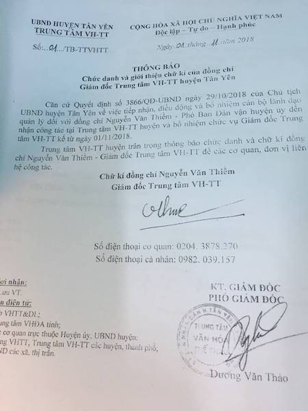 Một huyện khuyết “ghế nóng” sau tình trạng đánh cắp tài nguyên như “ngày hội”! - 2
Trường hợp còn lại là ông Nguyễn Văn Thiềm, sau khi được chuyển từ công chức khối Đảng, đoàn thể về công tác khối nhà nước, ông Thiềm đã được bổ nhiệm làm Giám đốc Trung tâm VH-TT huyện Tân Yên.
