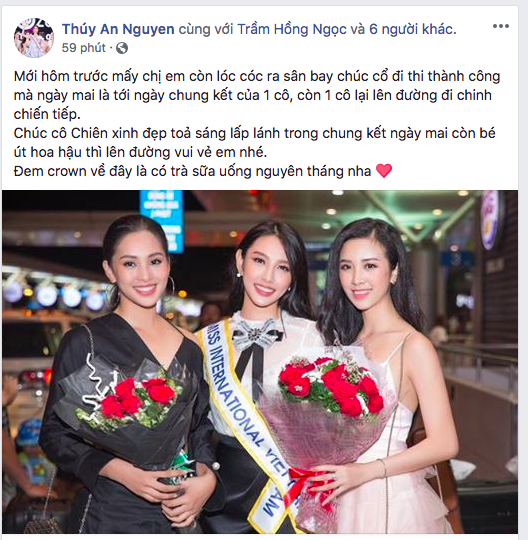 Dàn người đẹp gửi lời chúc Thuỳ Tiên trước chung kết Miss International 2018 - 1 Á hậu Thúy An gửi lời chúc đến Thùy Tiên trên trang cá nhân.