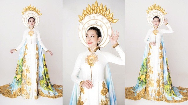 Nguyễn Thúc Thuỳ Tiên trắng tay tại Miss International 2018 - 2 Bộ trang phục dân tộc được công bố lúc đầu có hình ảnh bông sen cài trên mấn.