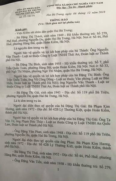 Toà quận Hai Bà Trưng thêm một lần thông báo mở toà, cụ bà 76 tuổi “ngao ngán”! - 1 Toà quận Hai Bà Trưng thêm một lần thông báo mở toà, cụ bà 76 tuổi “ngao ngán”! - 1