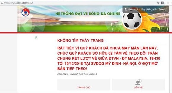 Trang web của VFF lại “sập” ngay khi vừa mở bán trực tuyến trận chung kết AFF Cup - 3 Trang web của VFF lại “sập” ngay khi vừa mở bán trực tuyến trận chung kết AFF Cup - 3