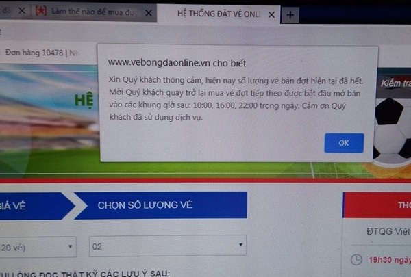 Trang web của VFF lại “sập” ngay khi vừa mở bán trực tuyến trận chung kết AFF Cup - 4 Thông báo vé đã được bán hết, dù chỉ mới mở bán được ít phút