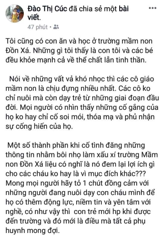 Hiệu trưởng trường mầm non phải xin chuyển công tác vì phụ huynh tố cho trẻ ăn thực phẩm bẩn - 4 Trong khi đó nhiều phụ huynh khác thì lại tin tưởng ủng hộ giáo viên