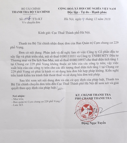 Cư dân tiếp tục gửi đơn tố cáo hành vi vi phạm pháp luật tại cụm chung cư 229 Phố Vọng - 3
Thanh tra Bộ Tài chính chuyển đon thư cư dân 229 phố Vọng đến Cục thuế TP Hà Nội.