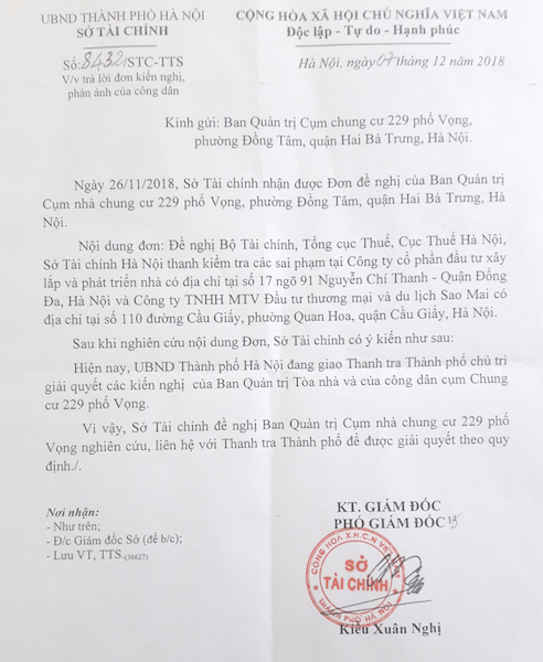 Cư dân tiếp tục gửi đơn tố cáo hành vi vi phạm pháp luật tại cụm chung cư 229 Phố Vọng - 4
Sở Tài chính TP Hà Nội cho biết hiện nay, UBND Thành phố Hà Nội đang giao Thanh tra Thành phố chủ trì giải quyết các kiến nghị của Ban quản trị Tòa nhà và của công dân cụm Chung cư 229 Phố Vọng.