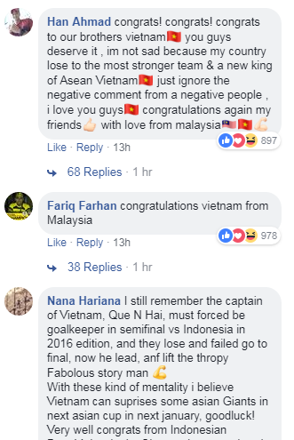 CĐV Malaysia chúc mừng đội tuyển Việt Nam vô địch AFF Cup 2018 - 2
Lời chúc từ CĐV Malaysia và nhiều nước khác ở châu Á