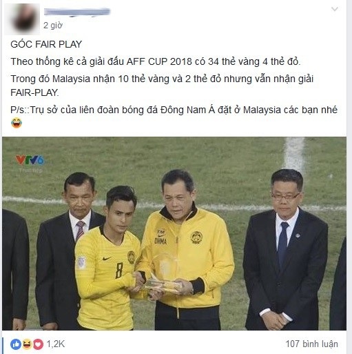 Một cư dân mạng thắc mắc khi đội tuyển Malaysia nhận được giải Fair Play (chơi đẹp) của giải đấu năm nay