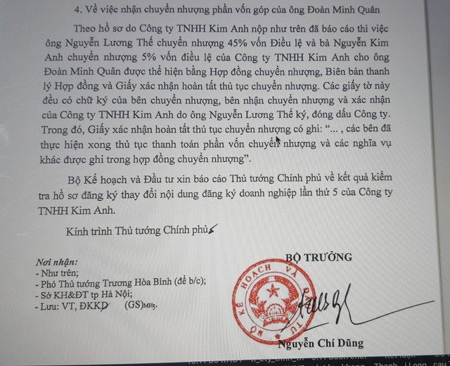Vụ tranh chấp tại Công ty TNHH Kim Anh: Đề nghị áp dụng biện pháp khẩn cấp tạm thời! - 1 Văn bản báo cáo của Bộ Kế hoạch và Đầu tư về vụ việc của Công ty TNHH Kim Anh.
