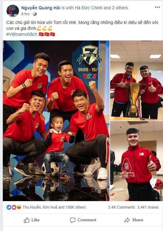 Quang Hải nhắn nhủ đến bé Tom ngay sau khi đội tuyển Việt Nam giành chức vô địch AFF Cup 2018.