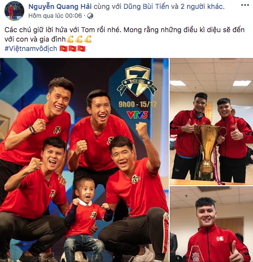 “Hoạ mi” Khánh Linh: “Quang Hải là “thành phần nguy hiểm” của Đội tuyển Việt Nam” - 3 Trên trang cá nhân, Quang Hải chia sẻ chiến thắng của đội tuyển Việt Nam là món quà đặc biệt dành tặng bé Tom - cậu bé 4 tuổi mắc bệnh u não.