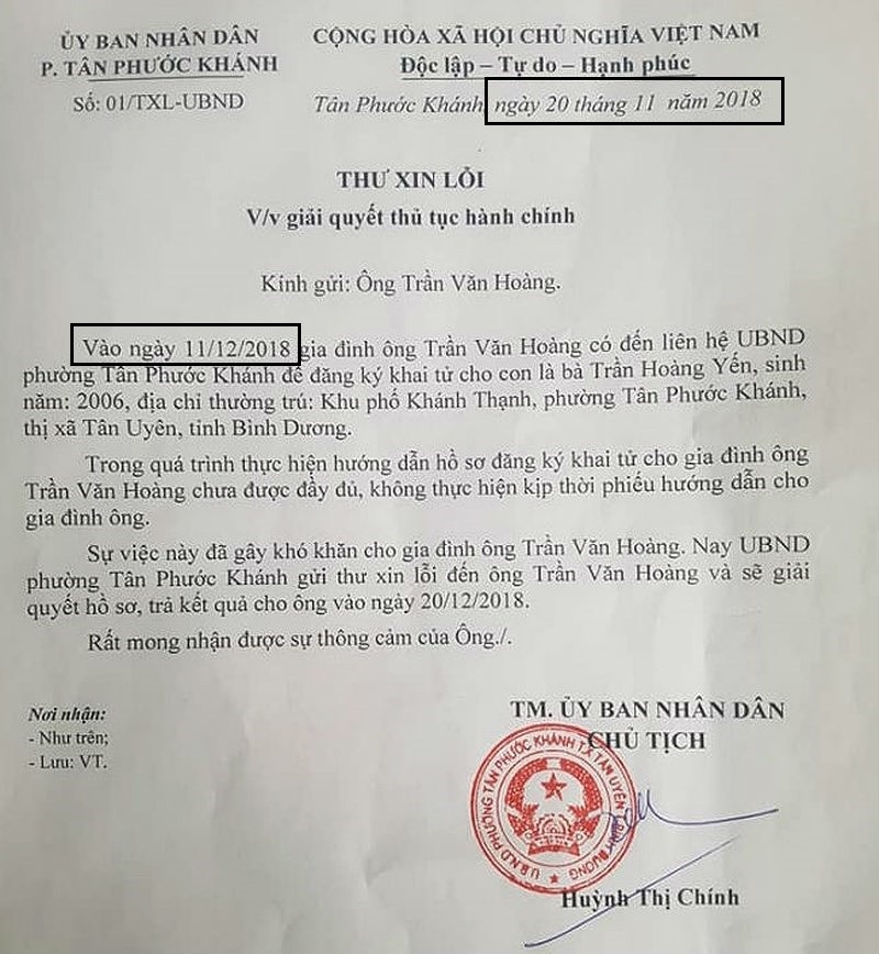 Bố đi khai tử cho con 3 lần không được: Thư xin lỗi của phường kí trước cả tháng (!) - Ảnh 1. Bố đi khai tử cho con 3 lần không được: Thư xin lỗi của phường kí trước cả tháng (!) - Ảnh 1.