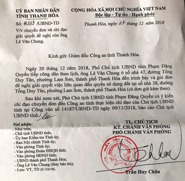 UBND tỉnh Thanh Hóa tiếp tục yêu cầu Công an tỉnh khởi tố hình sự vụ 1 thửa đất cấp 4 sổ đỏ tại số nhà 38 Tống Duy Tân, thành phố Thanh Hóa.