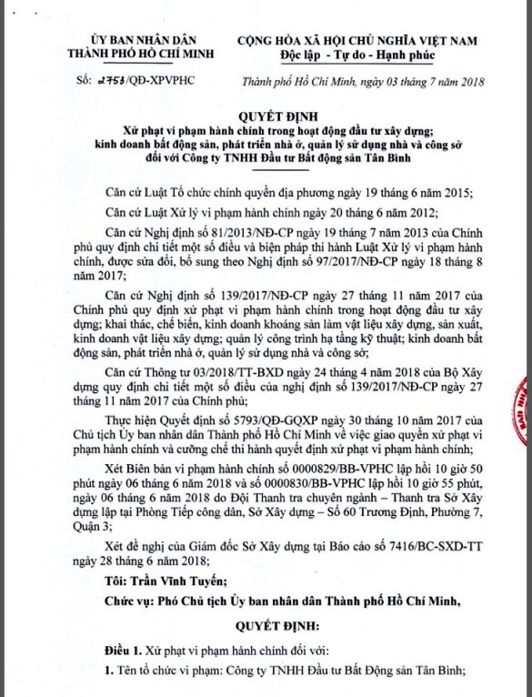 "Lùm xùm" tại Tân Bình Apartment: Tự tháo dỡ công trình sai phạm nhưng kéo dài hết năm 2019 - 2 Lãnh đạo UBND TPHCM từng ra quyết định xử phạt nặng đối với chủ đầu tư dự án Tân Bình Apartment