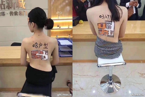 Công ty bất động sản thuê... người mẫu ngực trần để quảng cáo sản phẩm - 2 Bản vẽ các căn hộ mà công ty đang bán được vẽ trên lưng những người mẫu ngực trần