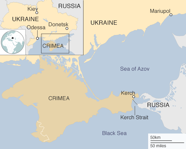 Ukraine sẵn sàng đưa tiếp tàu chiến qua eo biển sau vụ chạm trán với Nga - 4
Bản đồ vị trí eo biển Kerch nối biển Azov và biển Đen (Ảnh: BBC)