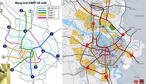 Sơ đồ hướng tuyến đã được JICA đề xuất 2006: Tuyến 3 (đoạn 3.2) bắt đầu ở cuối phố Trần Hưng Đạo tới phố Tam Trinh. Đề xuất của City Solution 2018 đi ngầm dưới phố Trần Hưng Đạo và kết hợp với cầu ngầm vượt sông sang vùng phát triển đô thị giá trị cao phía Bắc sông Hồng.