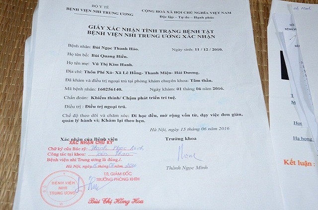 Ánh mắt đáng thương của bé 7 tuổi bị thiểu năng trí tuệ - 1 Bé Bùi Ngọc Thanh Hảo bị khiếm thích và trí tuệ chậm phát triển.
