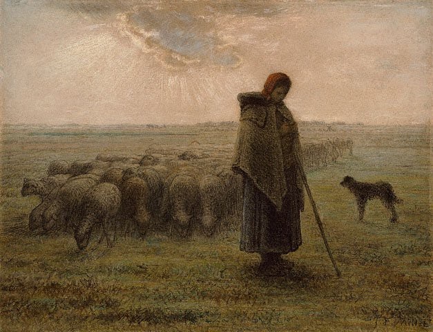 Chân dung những chú chó xuất hiện trong siêu phẩm hội họa - 8 Bức “Cô gái chăn cừu” (1863) được thực hiện bởi họa sĩ người Pháp Jean-François Millet, hiện đang trưng bày tại bảo tàng J. Paul Gerry, Los Angeles, Mỹ.
