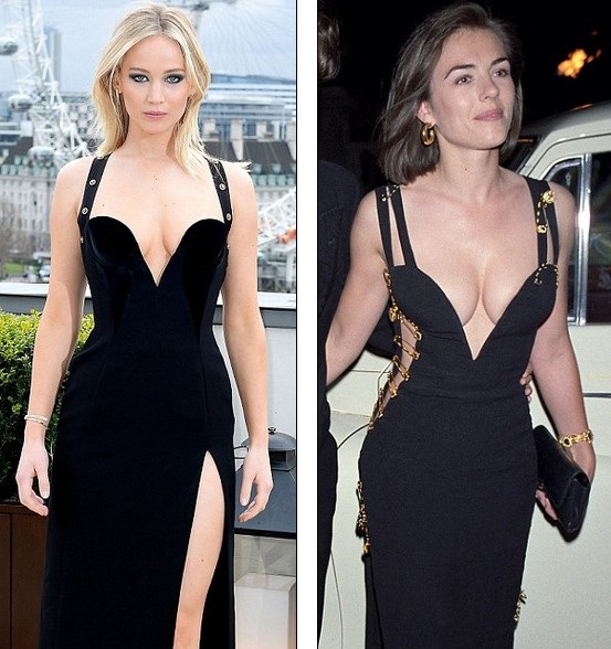 The dress Jen wore reminded many people of the dress Elizabeth Hurley (right) wore in 1994. 