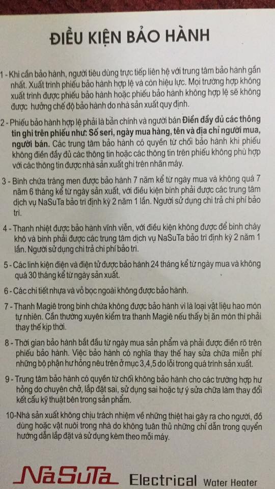 Mua bình nước nóng không rõ nguồn gốc: Đừng rước hoạ vào thân! - 5 Điều khoản bảo hành của thương hiệu Nasuta.