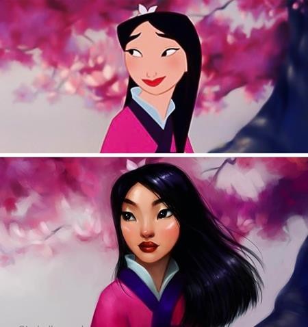 Khi các nàng công chúa Disney được “hồi sinh” ở hiện tại - 10 Nàng Mulan trong “Mulan” (1998) thì lúc nào cũng có đôi mắt một mí đáng yêu và cặp môi đỏ thắm