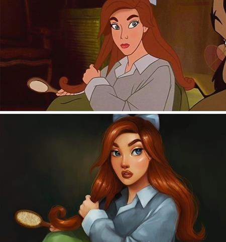 Khi các nàng công chúa Disney được “hồi sinh” ở hiện tại - 9 Và đây là công chúa Anastasia sau khi được dưỡng tóc bồng bềnh, trang điểm tạo khối cho gương mặt, kẻ mày và tô son theo lối hiện đại