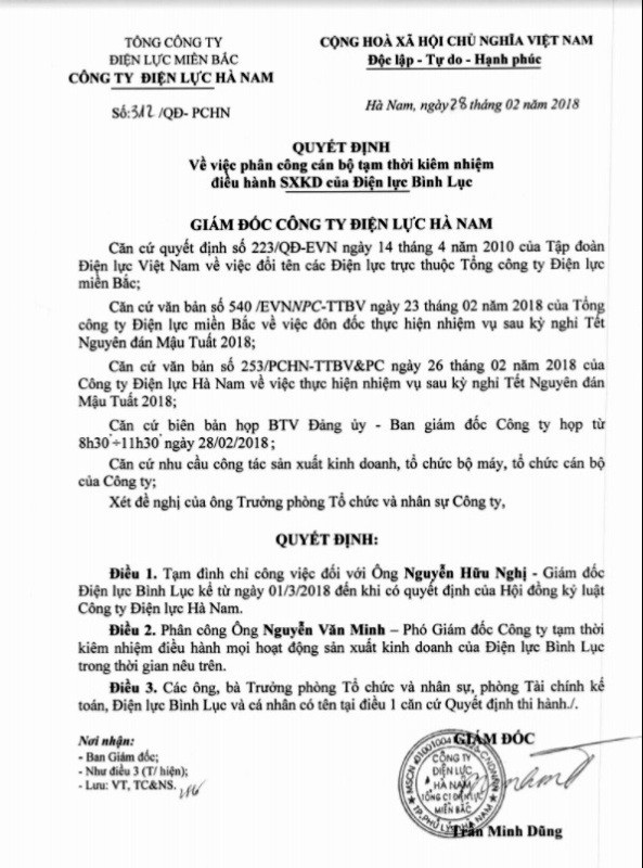Đình chỉ Giám đốc điện lực đi lễ trong giờ hành chính - 2 Quyết định tạm đình chỉ Giám đốc công ty Điện lực huyện Bình Lục