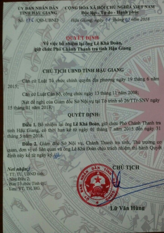 Hậu Giang phục chức cho Phó Chánh Thanh tra xin "trẻ lại" 3 tuổi - 1 Quyết định về việc bổ nhiệm lại ông Lê Khả Đoàn giữ chức Phó Chánh Thanh tra tỉnh Hậu Giang