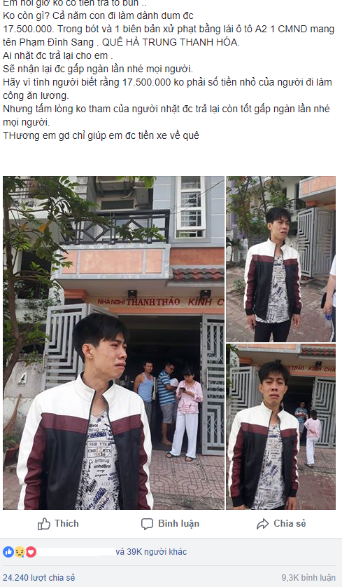 Chuyện “cổ tích” chàng trai tìm lại được tiền về quê ăn Tết nhờ mạng xã hội - 1 Chuyện mất tiền về quê ăn Tết của em Sang được cộng đồng mạng tích cực chia sẻ với hi vọng giúp em tìm được số tiền hoặc giấy tờ đã mất.