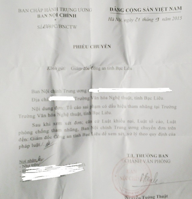 Khuất tất tại Trường Trung cấp VHNT Bạc Liêu: Có dấu hiệu làm sai! - 2 Ban Nội chính Trung ương từng chuyển vụ việc của Trường TCVNHT Bạc Liêu về cho Giám đốc Công an tỉnh Bạc Liêu xem xét, xử lý theo quy định pháp luật.