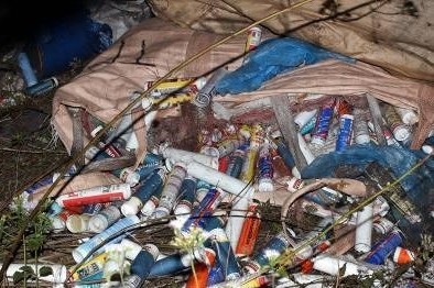 Hàng chục tấn rác thải, phế liệu được các đối tượng dùng ô tô vận chuyển đổ xuống bãi đất trống (ảnh CTV)