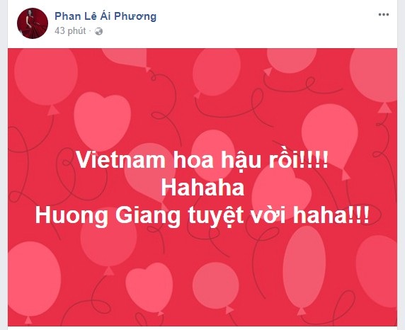 Sao Việt chúc mừng chiến thắng của Hương Giang tại Hoa hậu chuyển giới Quốc tế - 9 Ca sĩ Phan Lê Ái Phương vô cùng phấn khích trước chiến thắng của Hương Giang Idol