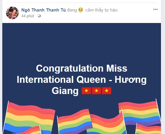 Sao Việt chúc mừng chiến thắng của Hương Giang tại Hoa hậu chuyển giới Quốc tế - 12 Á hậu Ngô Thanh Thanh Tú chúc mừng Hương Giang khi cô giành ngôi vị Hoa hậu chuyển giới Quốc tế