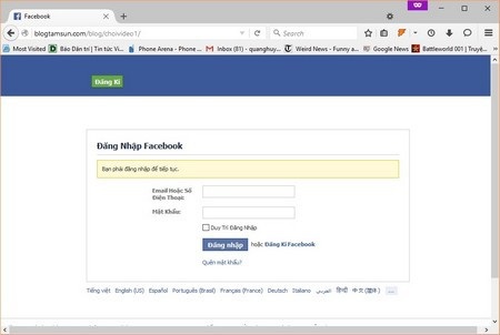 Trang web giả mạo do tin tặc tạo ra với giao diện giống hết trang đăng nhập Facebook để lấy cắp tài khoản Facebook người dùng