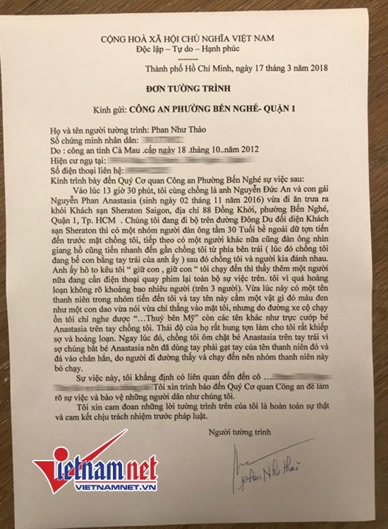 Phan Như Thảo hoảng loạn vì sợ con bị bắt cóc giữa phố - 1 Tường trình của Phan Như Thảo gửi Công an phường Bến Nghé, Quận 1 sau khi vụ việc xảy ra.