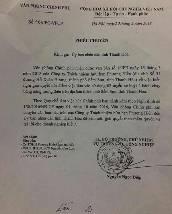 Thanh Hóa: Doanh nghiệp “khốn khổ” vì bị chính quyền “làm khó”? - 2
Phiếu chuyển văn bản của Văn phòng Chính phủ